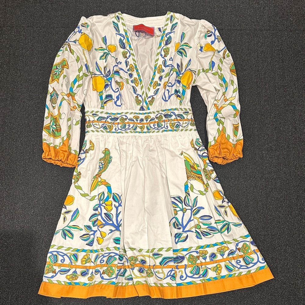LA DoubleJ White Dress with Orange and Green Patterns